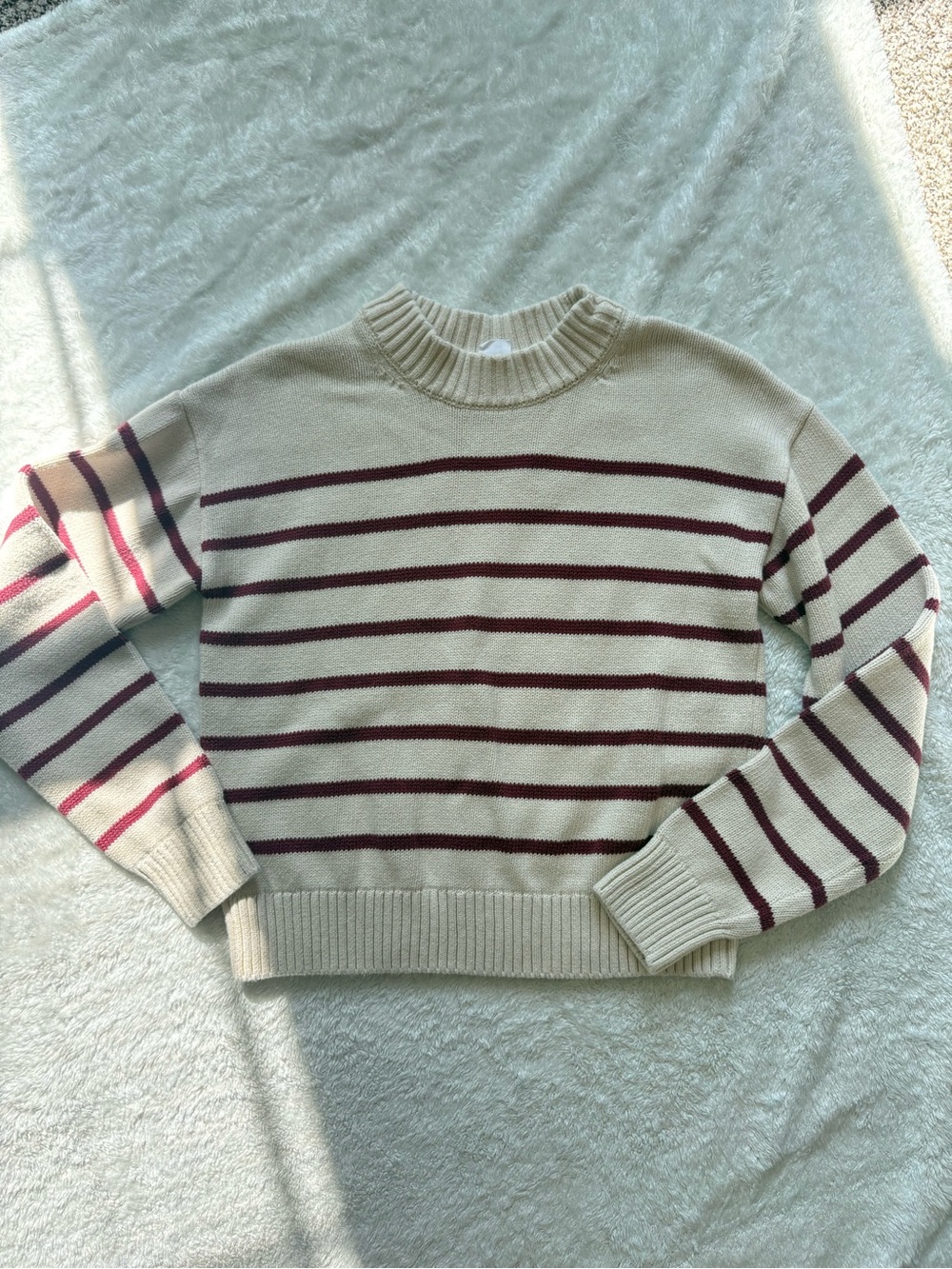 GAP Cream Crewneck Sweater with Burgundy Stripes